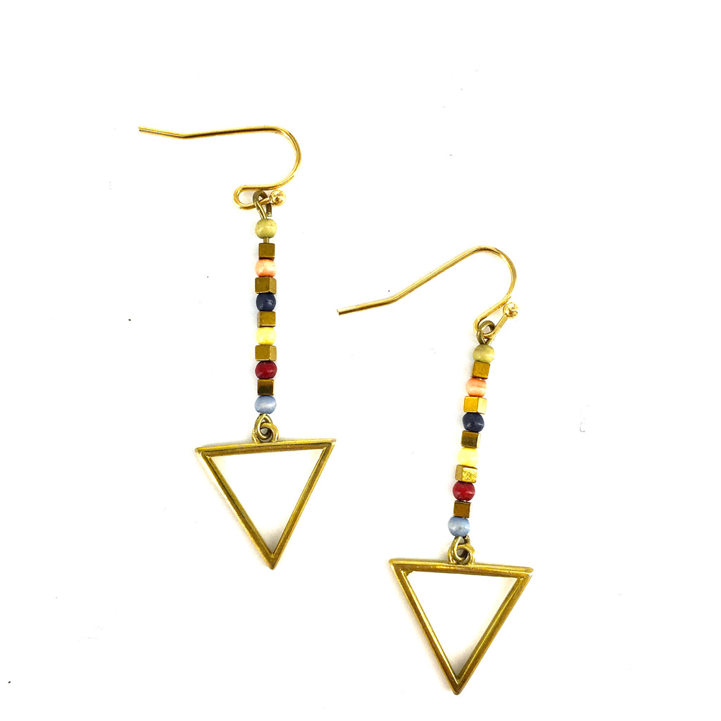 Triangle and Multi Colored Beads Dangling Earrings