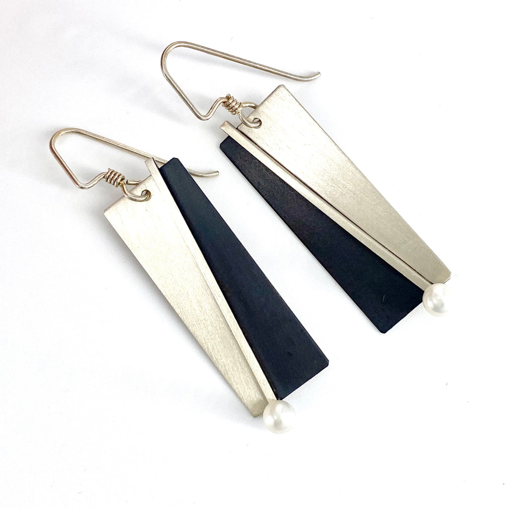 Silver and Black Earrings with Pearl Accent